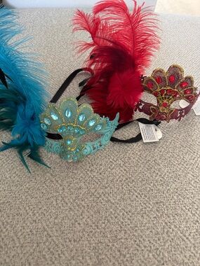 NWT Two Feathered Masquerade Mask with Crystal Embellishments
